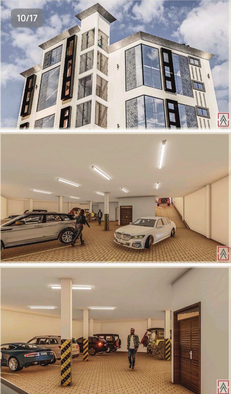 Render of facade and basement parking